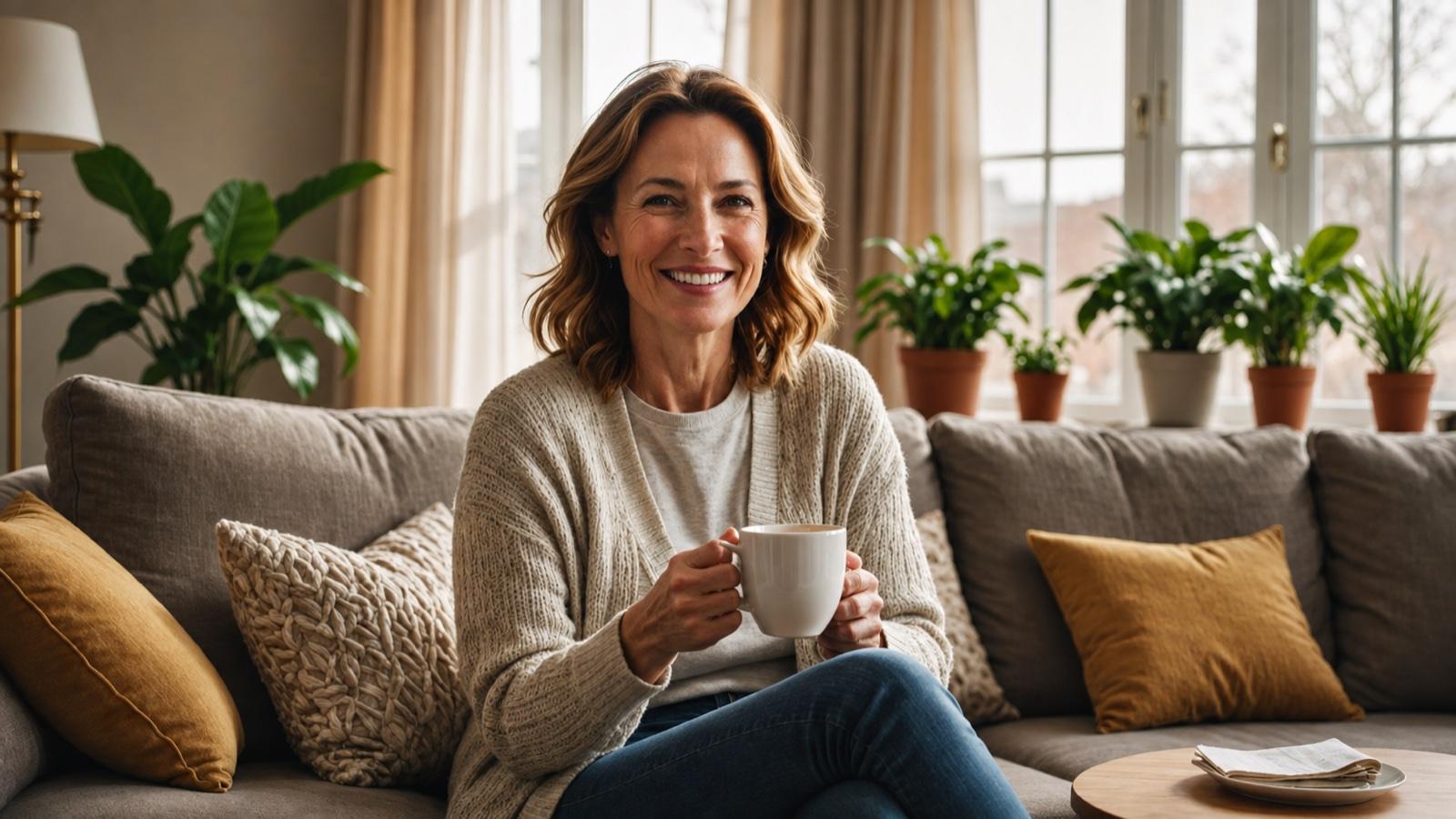 A woman relaxing at home with a cup of tea
